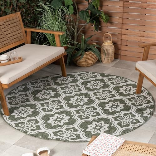 FRAAI | Home & Living In- & Outdoor Teppich Rund - Rio Flower Grün - Wetterfest - Polypropylen - Flachgewebe - Balkon, Garten/Terrasse, Wintergarten - Terrasse - Rug