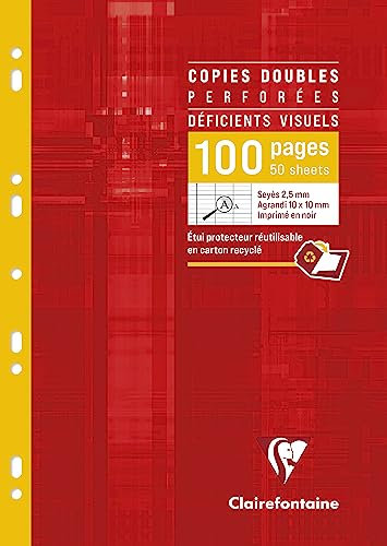 Clairefontaine 4729C Un Étui de Copies Doubles Perforées Déficients Visuels - A4 21x29,7 cm - 96 Pages Grands Carreaux Noirs 2,5 mm Agrandi 10/10 - Papier Blanc 90 g - Étui Réutilisable