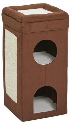 MidWest Homes for Pets Feline Nuvo Curious Cat Condo, Tri-Level Cat Tree, Faux Brown Suede with Hideaways, Bed Top & Sisal Scratch Panel, for Multiple Cats
