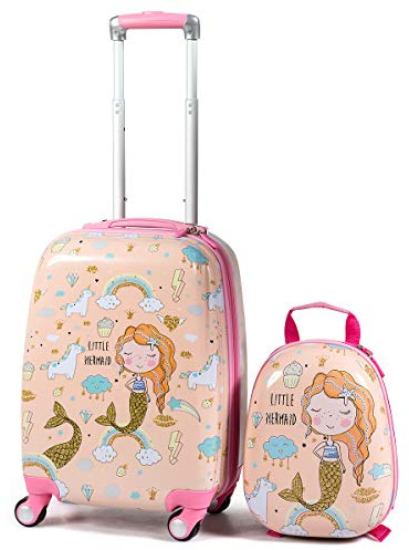 GYMAX 2Pc Kid Carry On Luggage Set, 12 & 18 Kids Suitcase with 4 Spinner Wheels, Travel Rolling Trolley for Boys and Girls, Gift for Toddlers Children (Mermaid)