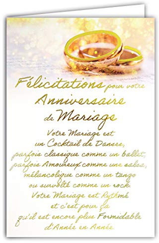 AFIE 69-3048 Carte FÉLICITATIONS ANNIVERSAIRE de MARIAGE mots en dorure OR doré qui brille ; Livrée avec enveloppe couleur assortie ; Format Carte fermée 11,5x17cm ; Fabriqué en France