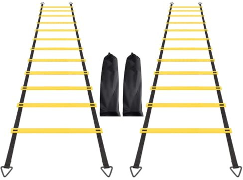 Agility stege-set, 2-pack 6 m smidighetsträning och balansträning set med 12 stegar, hastighetsträning med 8 st stålpinnar och 1 st bärväska, för fotboll, snabbträning fotträning