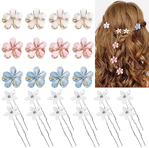 Kiiwah Pack 24 Stück Haarschmuck Blumen Damen, U-Förmige Haarnadeln Hochzeit mit Weiss Blumen, Kleine Diamant Blumen Haarspangen für Mädchen Damen für Hochzeit, Foto, Alltag, Party