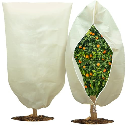 sukudon Telo protettivo invernale per piante, 120 x 180 cm, con chiusura lampo e cordino, in tessuto non tessuto antigelo, per albero di palme, piante da balcone, beige