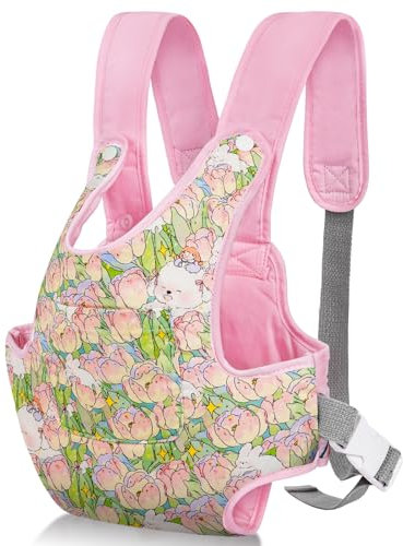 Aolso Babypuppentrage, Puppentrage für Kinder mit verstellbaren, Rückentrage Trägern für Babys, Puppezubehör für 14-18 Zoll Puppengurt, Tragepuppenzubehör für Kinder (Rosa-Blume)
