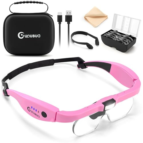 GUOUBUO Magnifying Glass with Light, 1.5X-5.0X Magnifying Glasses, Rechargeable Magnifier Headset with Light, Head Magnifier with 4 Detachable Lenses, Magnify Glasses for Close Work Crafts Jewelry