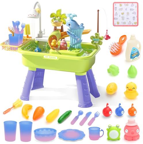 deAO Sand and Water Table Play Set, Multifunctional Dishwashing Sink, Fishing Game Toys, Color-Changing Tableware, Kitchen Accessories, Water Toys, Beach Pool Outdoor Play Toys, Gift for Kids 3+