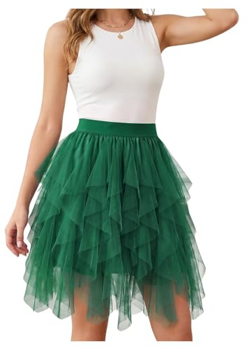 WERFORU Jupe midi en tulle pour femme - Design en maille superposée - Taille élastique - Jupe trapèze - Pour fête, quotidien et célébrations, vert, L