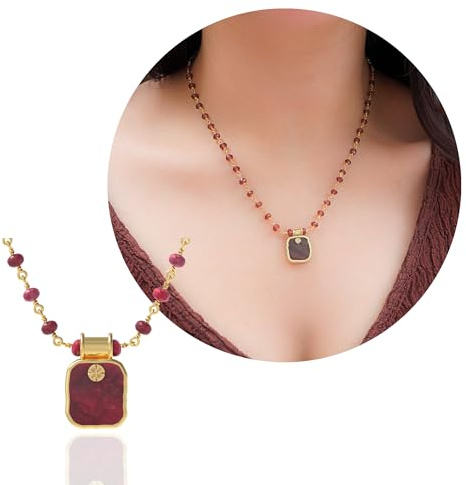 ABSHEL Garnet Necklace for Women, Square Premium Gold Beaded Necklaces - Tarnish Free 18K Gold Plated Certified S925 Classic Statement Necklace Gold Jewelry for Women - Mothers Day Gifts for Mom Wife