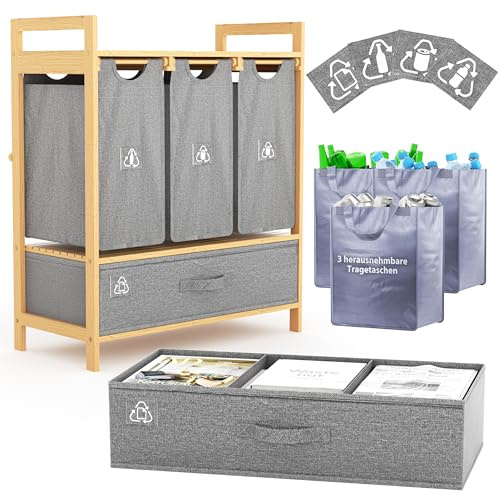 MY FAT GORILLA Pfandflaschen Sammelbehälter – Multi-Mülleimer mit 4 Fächern für PET, Glas, Dosen & Altpapier – Mülltrennsystem Küche – Recyclingbehälter für Mülltrennung & Abfalltrennung – Grau