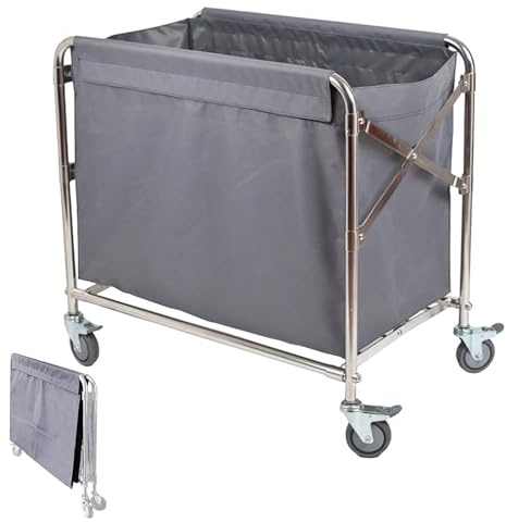 Carro Clasificador de Ropa Plegable, Carrito de Lavandería Comercial para Hotel con Estructura de Acero Inoxidable y Bolsas Extraíbles, 280 L/350 L, Capacidad de Carga 200 Kg/440 Lb(Gray,52x86x83cm)