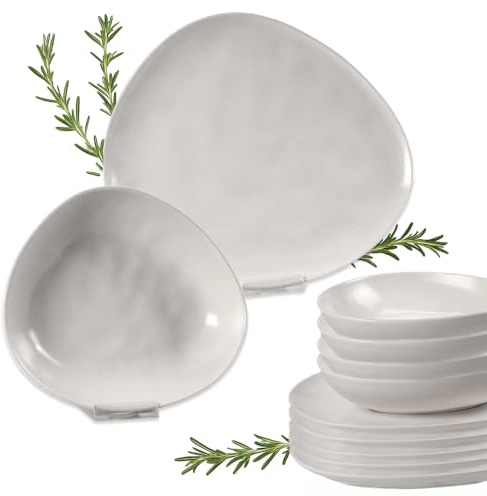 Ma Maison Servizio Piatti per 6 Persone Set 12 Pezzi Moderni di Design da Tavola -in Ceramica, 6 Piatti Piani Ø 30-6 Piatti fondi Ø 23, Ristorante,Triangolari - Lavastoviglie