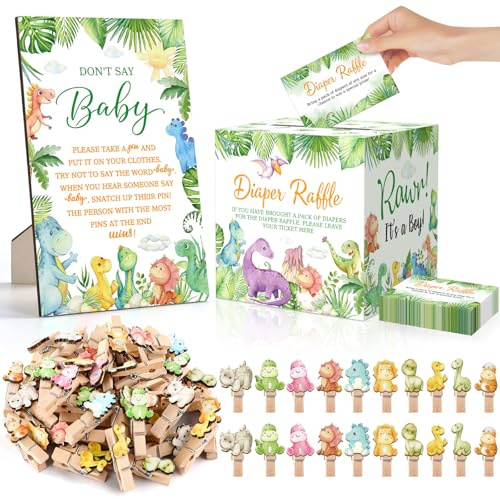 102 Pcs Baby Shower Game Supplies Diaper Raffle Tickets with Diaper Raffle Card Box Mini Clothespin Dinosaur Theme Baby Shower Game Decor for Games Prizes Gender Reveal Party Supplies