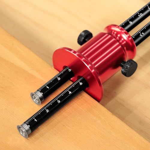 Double Head Wheel Marking Gauge, Aluminum Parallel Line Drawing Tool Woodworking Marking Scriber Ruler with Graduated Inch & MM Scale (Red-Black)