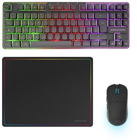 Mars Gaming MCPWTKL, Trådlös Gaming-Combo, DualPro Link 2.4GPRO-teknologi, TKL FRGB Rainbow-tangentbord + RGB 3200DPI-mus med HUANO-brytare + Halkfri musmatta 360x260mm, Svart, Franska