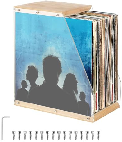 Porta Dischi Vinile, 33,4 x 20 x 35 cm Supporto per Dischi in Vinile in Acrilico e Legno Massello Supporto per Porta Vinili Trasparente con Design Aperto per Gli Amanti del Vinile e Della Musica