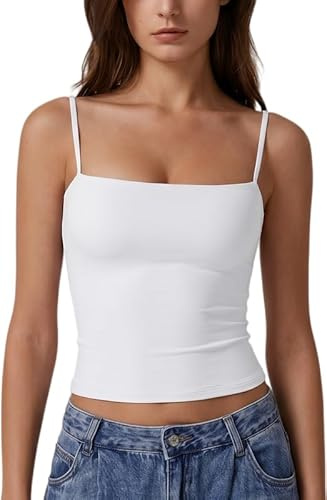 Xiaoliny Camiseta de Tirantes Mujer Verano Cuello Cuadrado Camisetas Sin Mangas Doble Capa Sexy Top Corto Ajustado Básico Camiseta Interior Casual Minimalista Y2K Tops Color Sólido Camisola Shirt