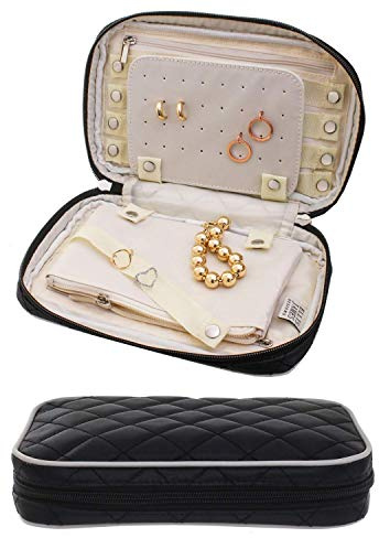 Ellis James Designs Travel Jewellery Organiser Case - Elegant Bag with Quilted Exterior and Padded for Protection - Keeps Your Earrings, Necklaces and Other Treasures Neat and Secure - Black