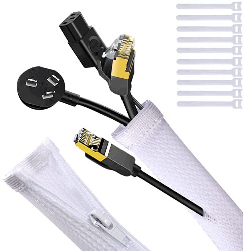 UPXDUMI Cable Tidy Zip Sleeve for PC/TV, 20mm - 1.2m Desk Cable Management Organisers, Wire Tidy Loom Tube Cord Wrap Protector with 10 PCS Reusable Cable Ties for Home, Office, 50+70cm, White