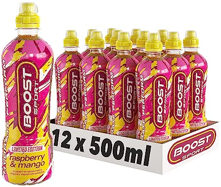 Boost Sports Drinks Raspberry & Mango | 12 Isotonic Drink with Vitamin B12 and B6 | Electrolyte Drink | Maximum Hydration Drinks | Low Calorie Vegan Adult Soft Drinks Multipacks | 12x500ml