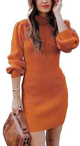 Timuspo Women's Bodycon Knitted Dress Turtleneck Jumper Dresses Long Sleeve Sweater Dress Casual Solid Color Knitwear for Autumn Winter Orange