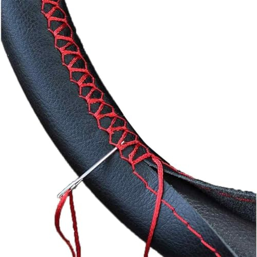 AUTOZOCO Funda para Volante con Agujas E Hilo, Cubierta Volante para Coser para diámetro 37/38 cm, Protector Volante de Coche, Anti Deslizante, Acabado Listo, Diseño Negro con Hilo Rojo