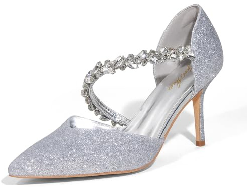 GENSHUO Tacones de Aguja de 10 cm con Correa Adornada con Perlas y Punta Afilada para Bodas, Brillo Plateado, 38.5 EU