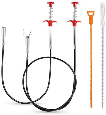 ZYNERY Juego de 4 Alambre Desatascador Tuberias 0.9/2M Largo Cable Desatascador Tuberias Muelle con Pinza y Drain Cleaner Plástico y Cepillo de Limpieza Desagüe, Flexible Limpiador para Baños Ducha WC