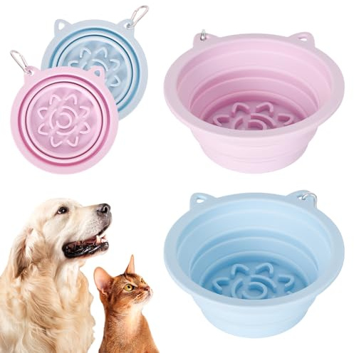 2 Cuenco para Perro Plegable con Ventosa y Función Comedero Lento - 450ml, Plato de Viaje de Silicona Alimenticia, Ligero y Apto para Lavavajillas para Viajes, Senderismo