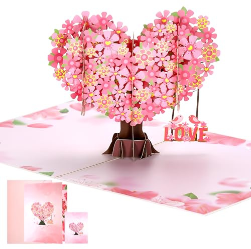 JIANTA Tarjeta de Flores Pop-Up, Tarjeta de felicitación 3D en forma de corazón con cerezo en flor, LOVE Pajarito pop up en 3D con sobre blanco, tarjeta de San Valentín, tarjeta de cumpleaños Sakura