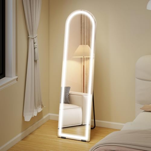 HOMCOM Specchio a figura intera con illuminazione 150 x 40 cm Specchio curvo in piedi con LED dimmerabile, 3 colori di luce, grande specchio da pavimento appeso o appoggiato alla parete, per camera