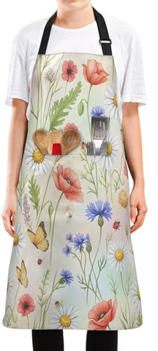SDMKA Meadow Flowers Bib Apron - Water and Oil Resistant, Adjustable with 2 Large Pockets, 35 Inch Chef Aprons for Cooking, Grilling, Gardening, Men and Women