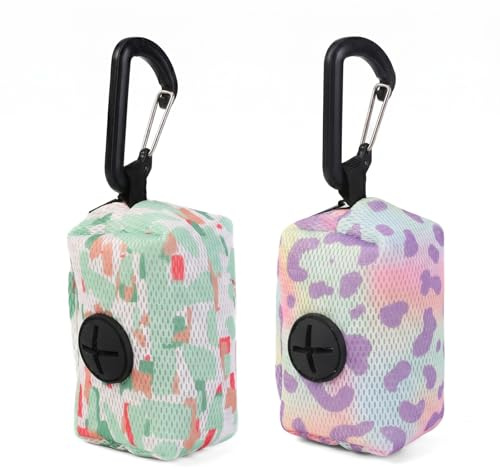 2 Pièces Distributeur Sac à Crottes Chien, Porte-Sac de Déjection Canine en Tissu avec Mousqueton Métallique, Pochette de Rangement Portable pour Ramasser les Crottes, Violet et Vert