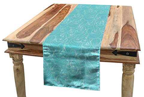 ABAKUHAUS Türkis Tischläufer, Meer inspirierte Linien, Esszimmer Küche Rechteckiger Dekorativer Tischläufer, 40 x 180 cm, Weiß Aqua