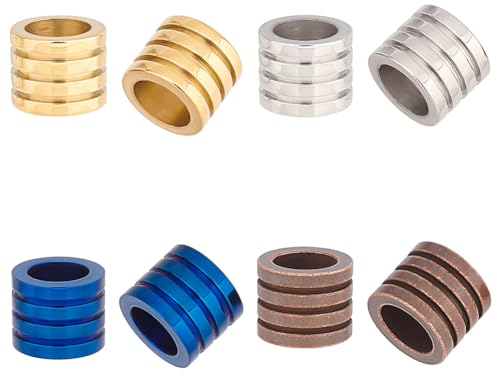 UNICRAFTALE Spaltenperlen, 16 Stück, 4 Farben, gerillt, 10/11 mm, Edelstahl, 6,5 mm, großes Loch, lose Perlen, Abstandshalter für Schmuck