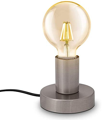 ChaoZan Lampada da tavolo,attacco E27, Interruttore a cavo con spina, diametro 10cm, abat-jour da comodino piccola in metallo color nickel opaco, luce da lettura industriale,non inclusa lampadina