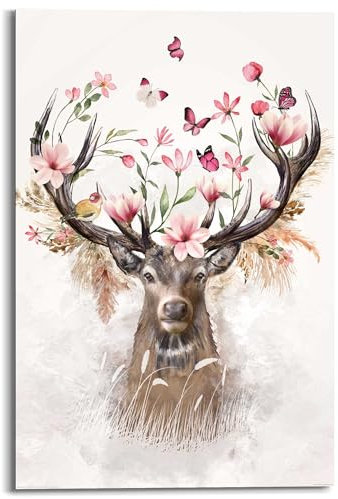 REINDERS Wandbild, Hirsch in Blumen, Schlafzimmer, Bilder, Wanddeko, Room Decor, MDF, Rosa, 90x60cm