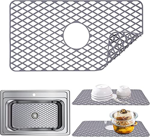 AUAUY Tappetino per Lavello in Silicone, 1 Pezzi Tappetino in Rete Antiscivolo Resistente al Calore per Lavello da Cucina in Acciaio Inossidabile, Lavandino del Bagno (Grigio, 62,5 x 33 cm)