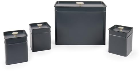 Salter Marino Storage Canister Set – 4-Piece Kitchen Containers, Bread Bin/Tea/Coffee/Sugar Tin, Square Countertop Organiser Caddy Boxes, Easy Clean, Keep Food Fresh, Blue Grey