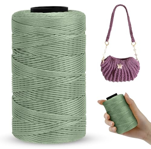 LEREATI Polyester Macrame Cord 1mm x 230m, Polyester Yarn for Crocheting, Braided Polypropylene Crochet Bag Cord Macrame Yarn for Handbag, Beading, DIY Crafts (Bean Green)