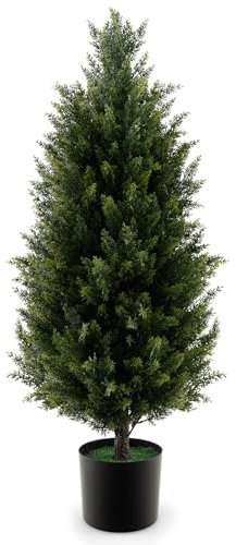 COSTWAY 80CM/90CM Artificial Topiary Cedar Tree, Indoor Outdoor Fake Tree with Cement Plastic Pot, UV Rated Faux Potted Plants for Front Porch Patio Decor(1,90CM Cypress Tree)