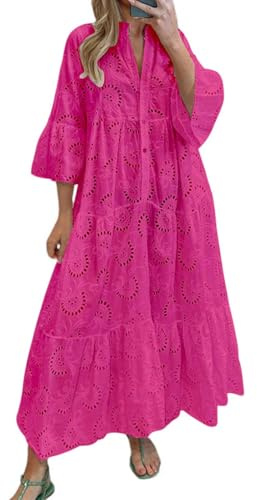 chouyatou Robe longue 2025 en dentelle avec broderie à œillets et col en V et manches trompettes style bohème fluide