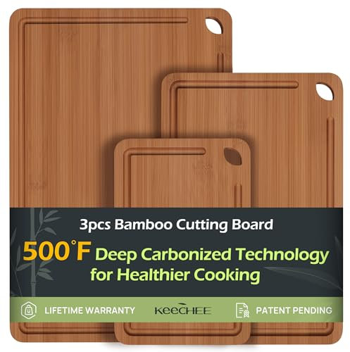 Keechee Tabla de cortar de bambú, tablas de cortar de madera duraderas para cocina con ranuras profundas para jugo y asas integradas, ideal para embutidos y picar para carne, verduras y frutas, regalo