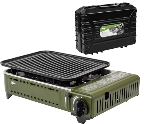 Amig - Camping Gas| Cocina Portatil |Kit Hornillo Grill - Parrilla Fundicion Aluminio + Plancha Con Tapa|Con Bandeja Recoge Grasas De Acero Inoxidable | 1,8 Kw Potencia