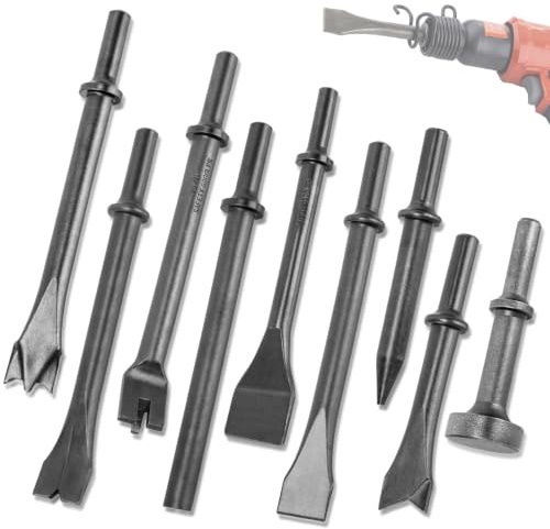 Air Hammer Bits Set - 9pcs Pneumatic Hammer Chisel Bits, Air Chisel Bits, Air Hammer Punch Chipping Bits Set, Air Hammer Atachments for Tile Masonry Concrete Stone Demolition, Rust Removal, Drilling