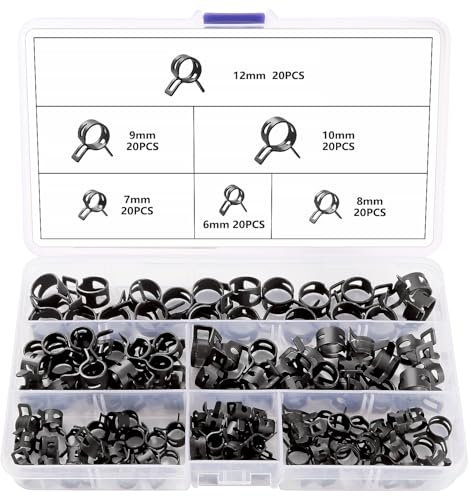 YIXISI 120pcs 6/7/8/9/10/12mm Spring Clip Hose Clamps, Spring Clamps, Hose Spring Clips, Hose Clamps Spring Clamps, Black
