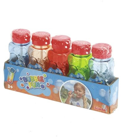Simba Toys Bubble Fun Seifenblasen‑Flasche 5er Set – je 60 ml Seifenblasen‑Lauge mit Stab – ideal für Kinder ab 3 Jahren – abwaschbar und sicher – Outdoor Spaß mit bunten Blasen