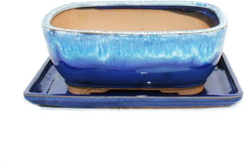 Bonsai-Schale mit Unterteller Gr. 3 - Blau-Beige - rechteckig - Modell GB5 - L 21,5cm - B 17cm - H 8 cm