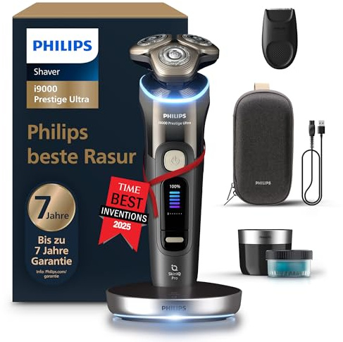 Philips Shaver i9000 Prestige Ultra, Wet & Dry Electric Shaver, Black, with Skin IQ Pro Technology, Triple Lift & Cut System, 360 Rotating NanoTech Precision Blades, 5 Shaving Modes, Model XP9405/31