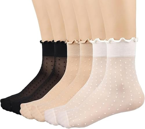 bropapa 12 Pairs Women's Nylon Sheer Ruffle Socks Pop Socks Nude Stocking Summer Ultra Transparent Thin Cool See Through Silk Ankle Socks Patterned Polka Dots for Women (4White 4Black 4Skin)